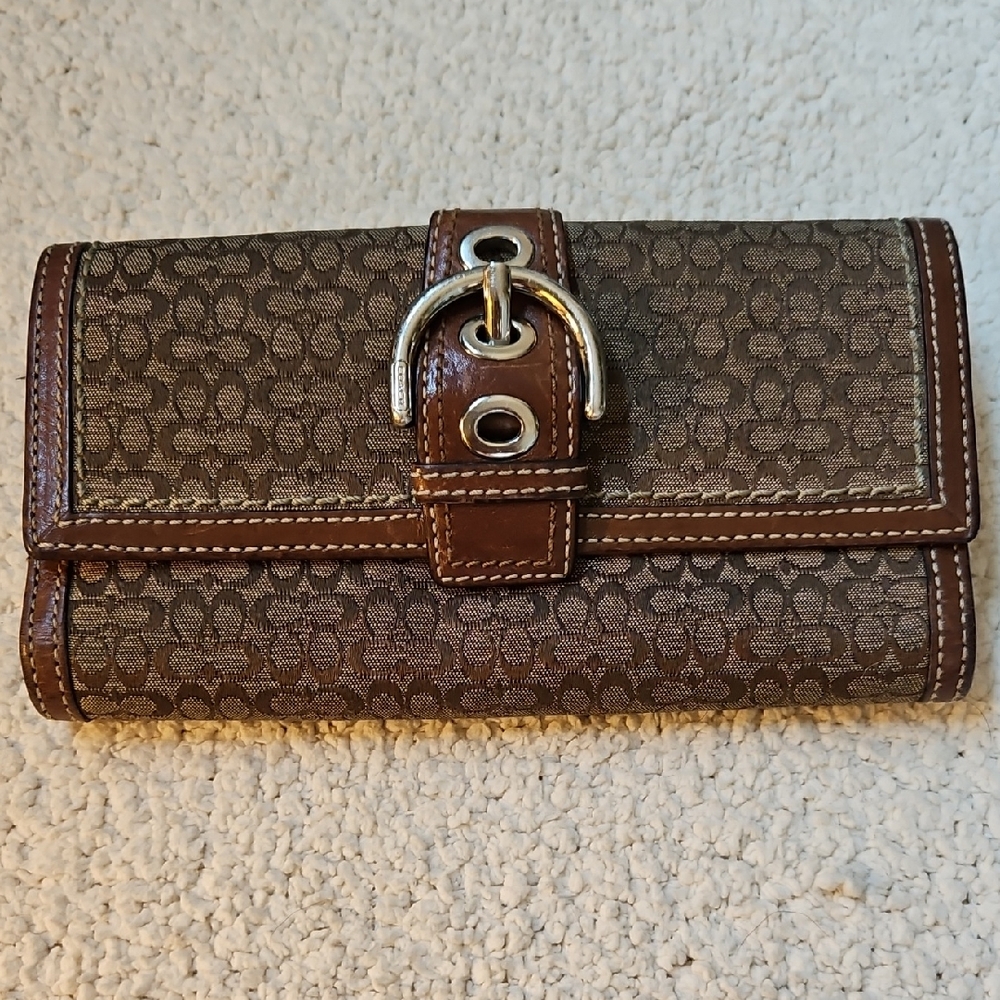Coach Brown Signature Jacquard Wallet with Buckle Accent